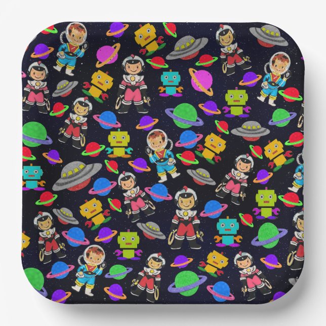 Kids Retro Robots and Astronauts  Paper Plates (Front)