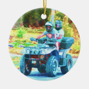Kids Riding an ATV All Terrain Vehicle on Road Ceramic Ornament