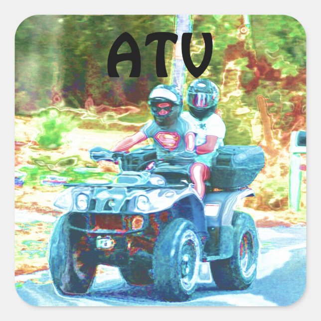 Kids Riding an ATV All Terrain Vehicle on Road Square Sticker (Front)