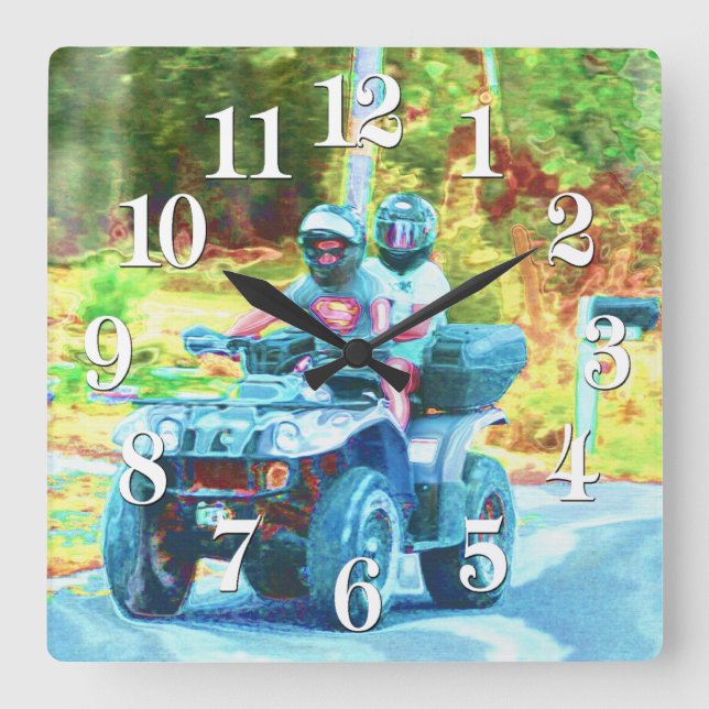 Kids Riding an ATV All Terrain Vehicle on Road Square Wall Clock (Front)