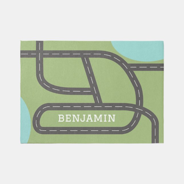 Kids Road Map - Minimal road and water with name Rug (Front)