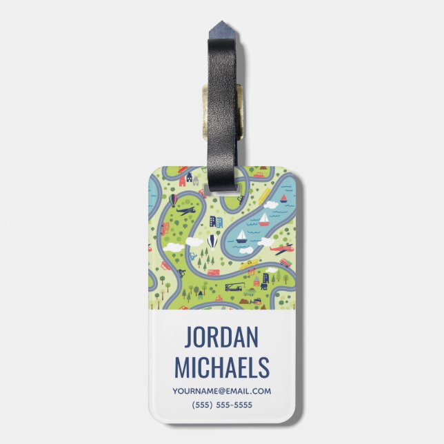 Kids Roadtrip Landscape Pattern Luggage Tag (Back Vertical)
