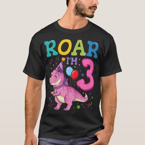 Kids Roar Im 3 Year Old Dinosaur Girl 3rd Birthday T_Shirt