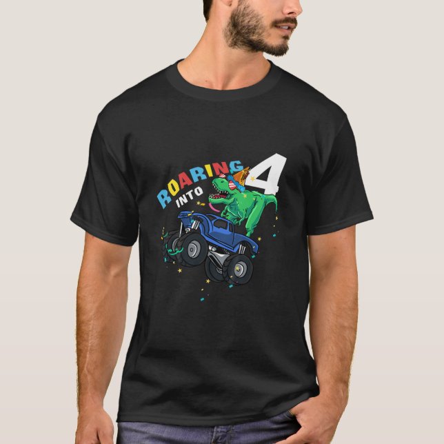 Kids Roaring Into 4 4Th Birthday Party Dinosaur Mo T-Shirt (Front)