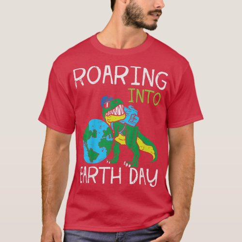 Kids Roaring Into Earth Day Trex Cute Dinosaur Boy T_Shirt