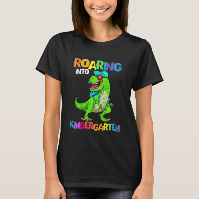 Kids Roaring Into Kindergarten Dinosaur Rex Back T T-Shirt (Front)