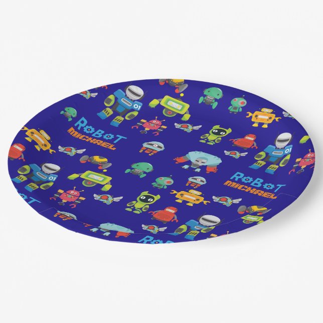 Kids ROBOT Birthday Party Blue Funny Cartoon Paper Plates (Angled)