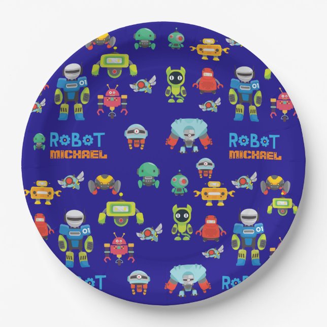 Kids ROBOT Birthday Party Blue Funny Cartoon Paper Plates (Front)