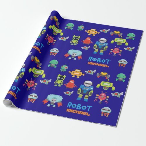 Kids ROBOT Named Royal Blue Cartoon Funny Robots Wrapping Paper