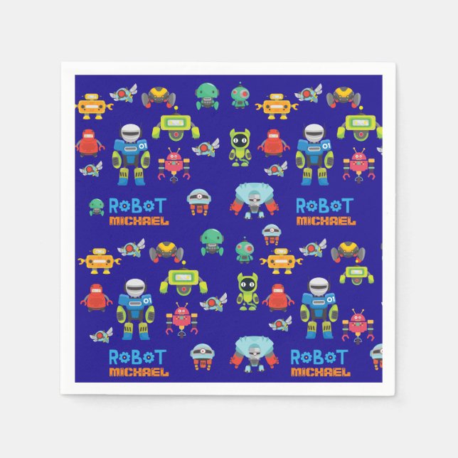 Kids ROBOTS Birthday Party Blue Funny Cartoon Napkins (Front)