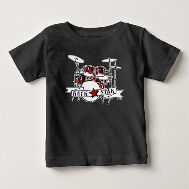 Kids Rock & Roll Drummer Rock Star Drum Kit Rocker Baby T-Shirt (Front)