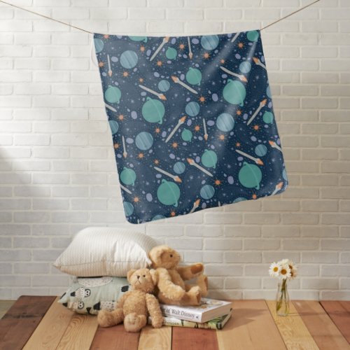 Kids Rocket Ship Jupiter Saturn Planet Stars Baby Blanket