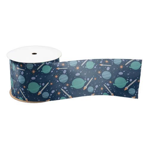 Kids Rocket Ship Jupiter Saturn Planet Stars Satin Ribbon