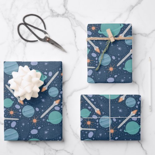 Kids Rocket Ship Jupiter Saturn Planet Stars Wrapping Paper Sheets