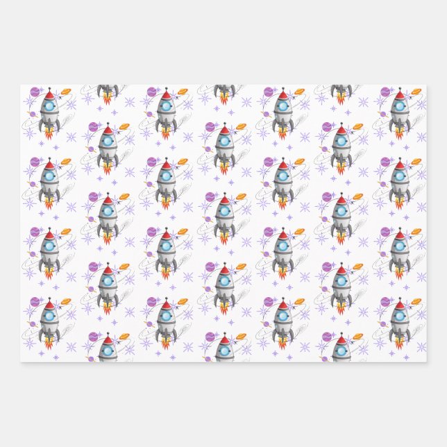 Kids Rocket Ship Space Travel Wrapping Paper Sheets (Front)