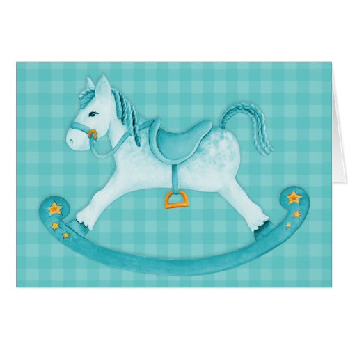 Kids Rocking horse art card aqua teal