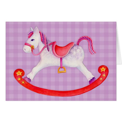 Kids Rocking horse art card purple grey pink