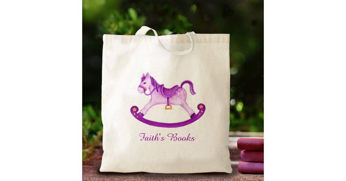 Kids rocking horse purple yellow library bag | Zazzle