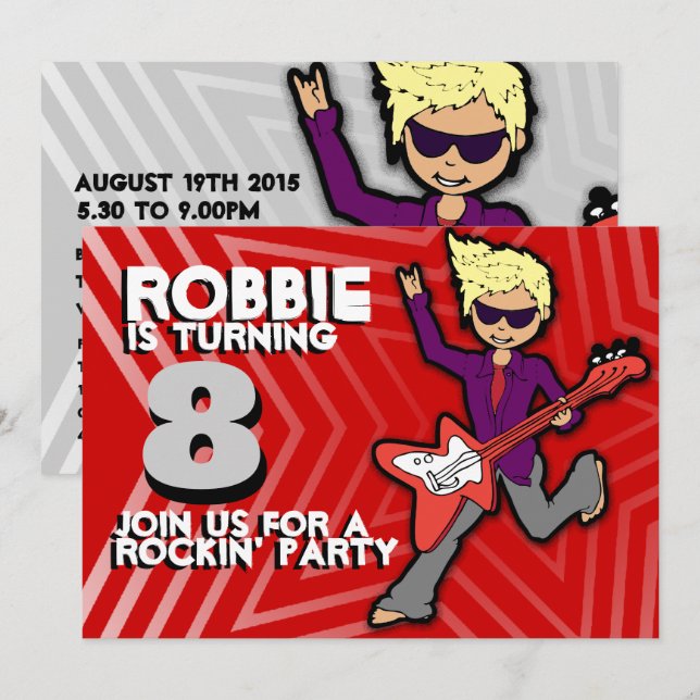 Kids rockstar boy 8th birthday red grey invitation (Front/Back)
