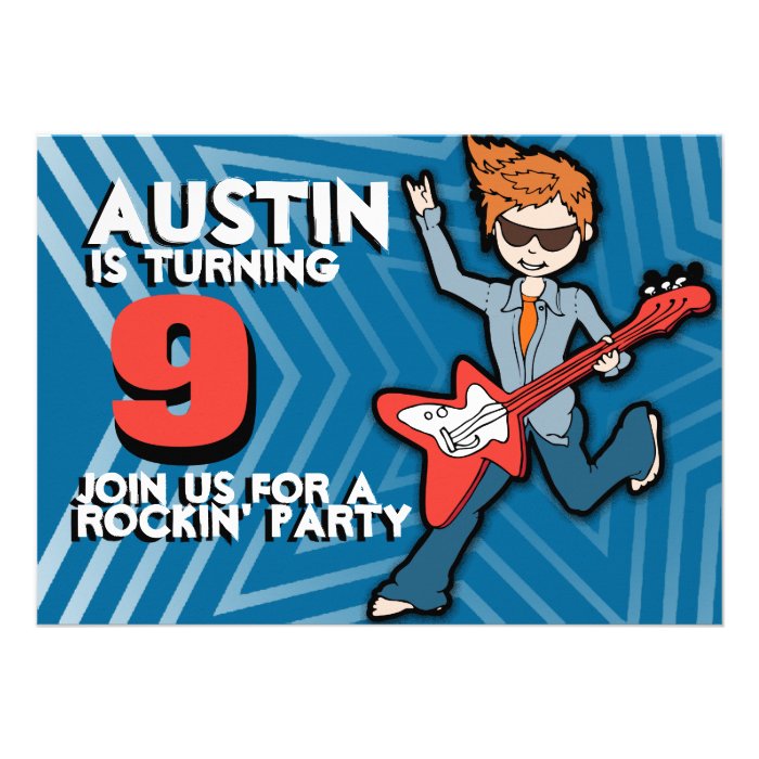 Kids rockstar boy 9th birthday blue invitation