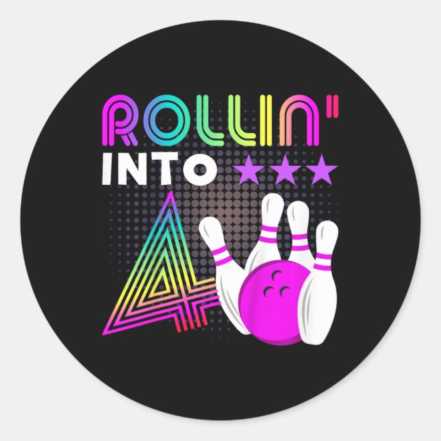 Kids Rollin Into 4 Bowling Birthday Party 4th Birt Classic Round Sticker (Front)