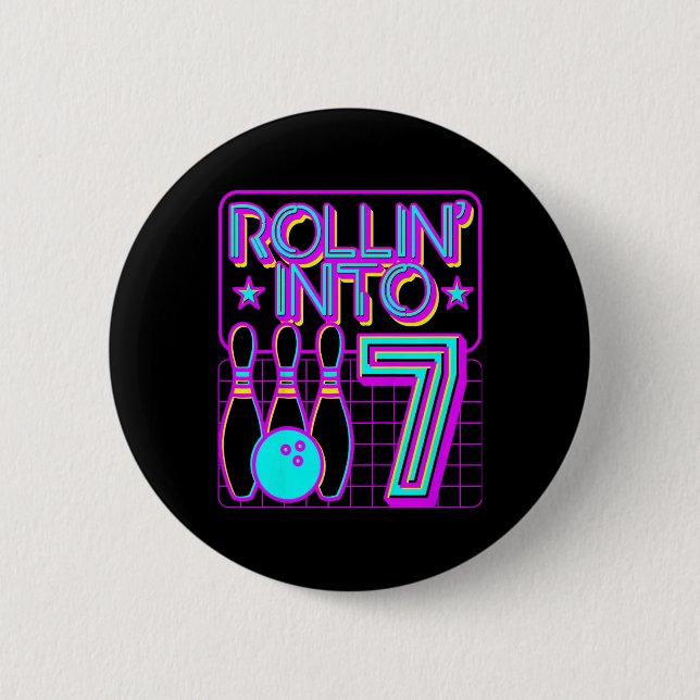 Kids Rollin Into 7 Bowling Bowler 7th Birthday Par Button (Front)
