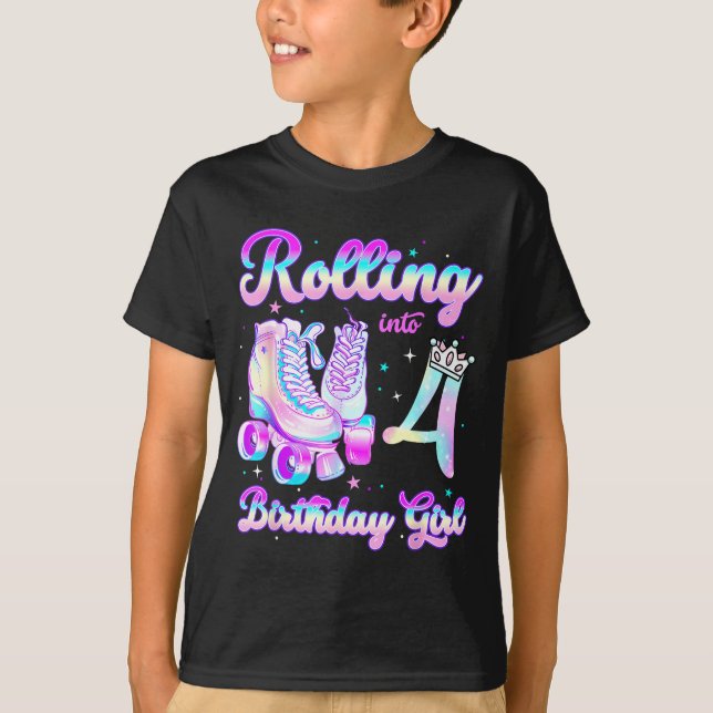 Kids Rolling Into 4 Roller Skating 4th Birthday Gi T-Shirt (Front)