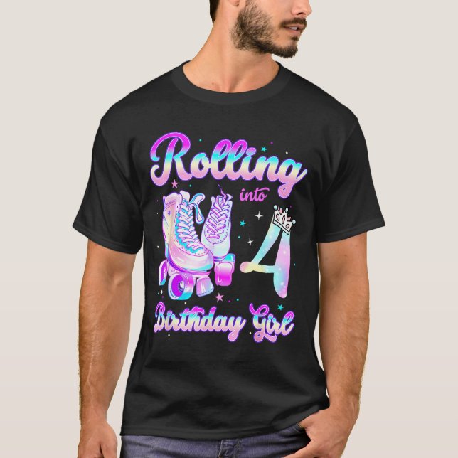 Kids Rolling Into 4 Roller Skating 4th Birthday Gi T-Shirt (Front)