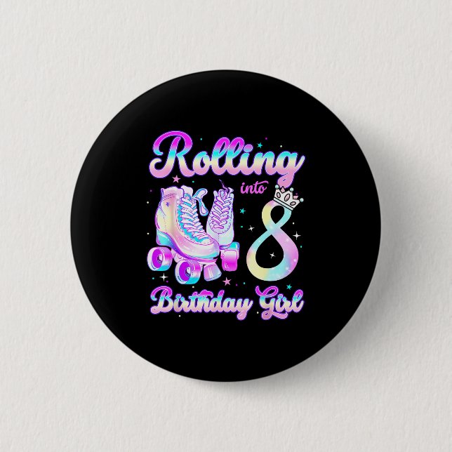 Kids Rolling Into 8 Roller Skating 8th Birthday Gi Button (Front)