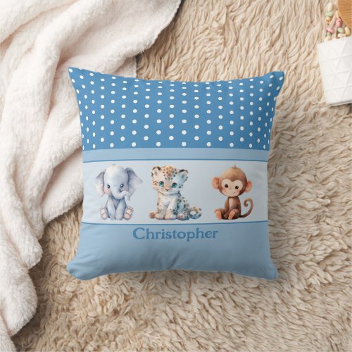 Kids room add name cute animals blue throw pillow
