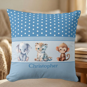 Kid's room add name cute animals blue throw pillow