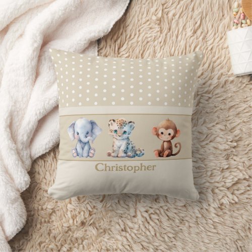 Kids room add name cute animals brown throw pillow