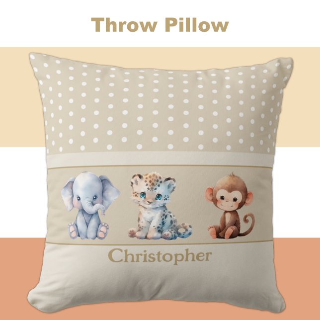 Kid's room add name cute animals brown throw pillow (Creator Uploaded)