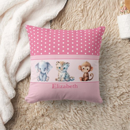 Kids room add name cute animals pink throw pillow