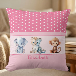 Kid's room add name cute animals pink throw pillow