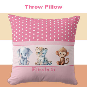 Kid's room add name cute animals pink throw pillow