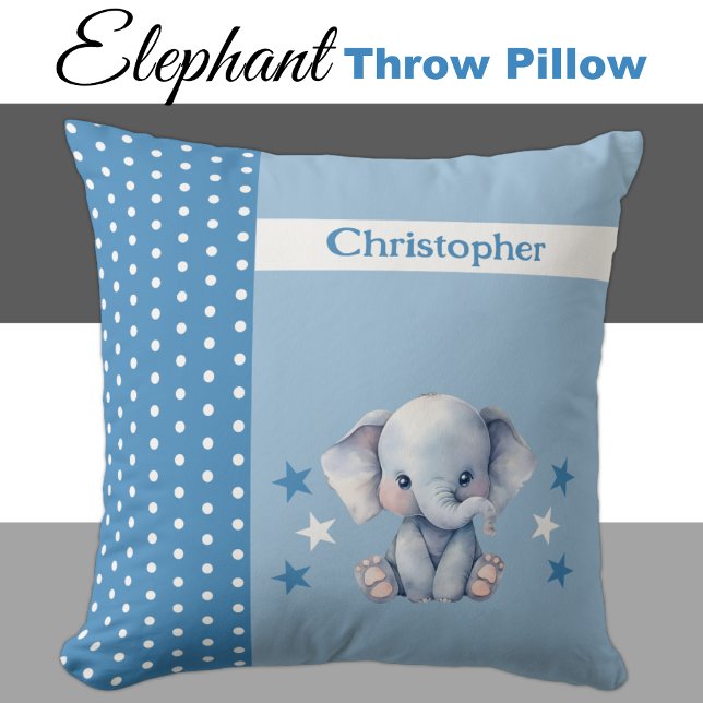 Kid's room add name cute elephant blue throw pillow (Creator Uploaded)