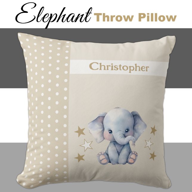 Kid's room add name cute elephant brown throw pillow (Creator Uploaded)