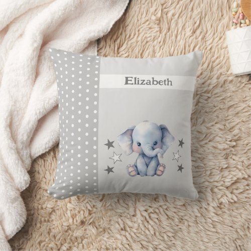 Kids room add name cute elephant grey throw pillow