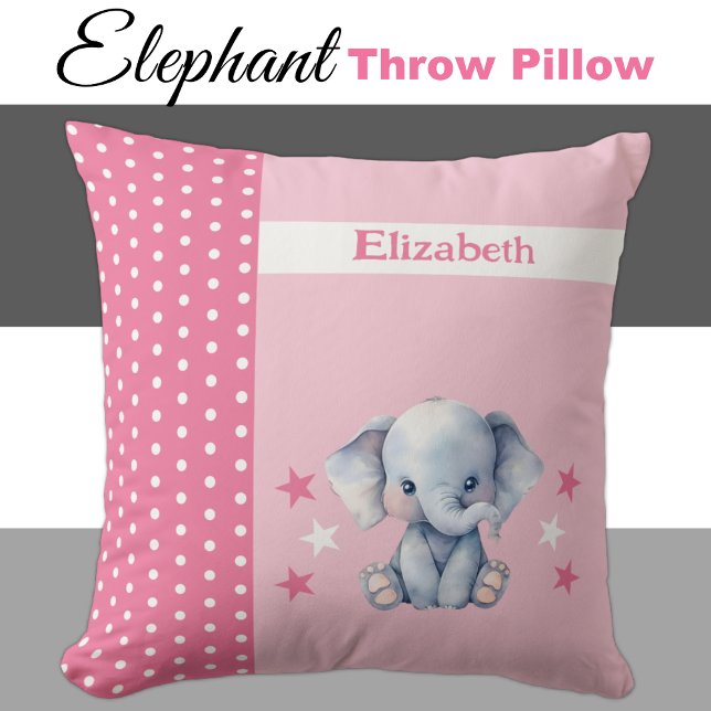 Kid's room add name cute elephant pink throw pillow (Creator Uploaded)