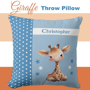 Kid's room add name cute giraffe blue throw pillow