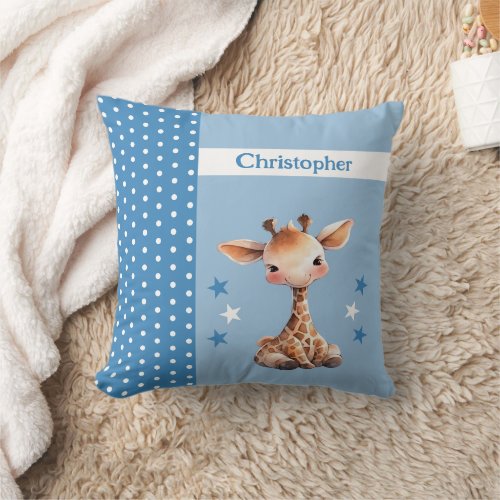 Kids room add name cute giraffe blue throw pillow