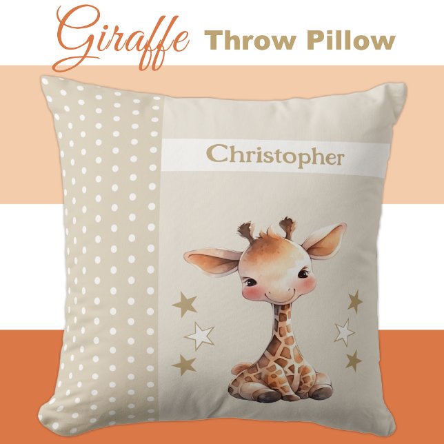 Kid's room add name cute giraffe brown throw pillow (Creator Uploaded)