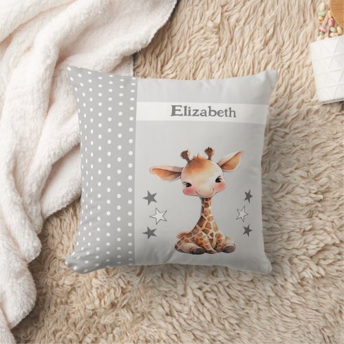 Kids room add name cute giraffe grey throw pillow