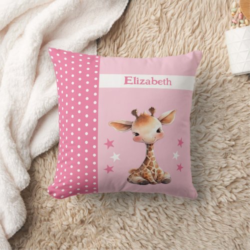 Kids room add name cute giraffe pink throw pillow