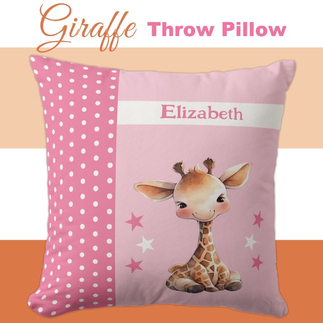 Kid's room add name cute giraffe pink throw pillow (Creator Uploaded)