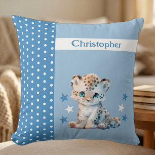 Kid's room add name cute leopard blue throw pillow