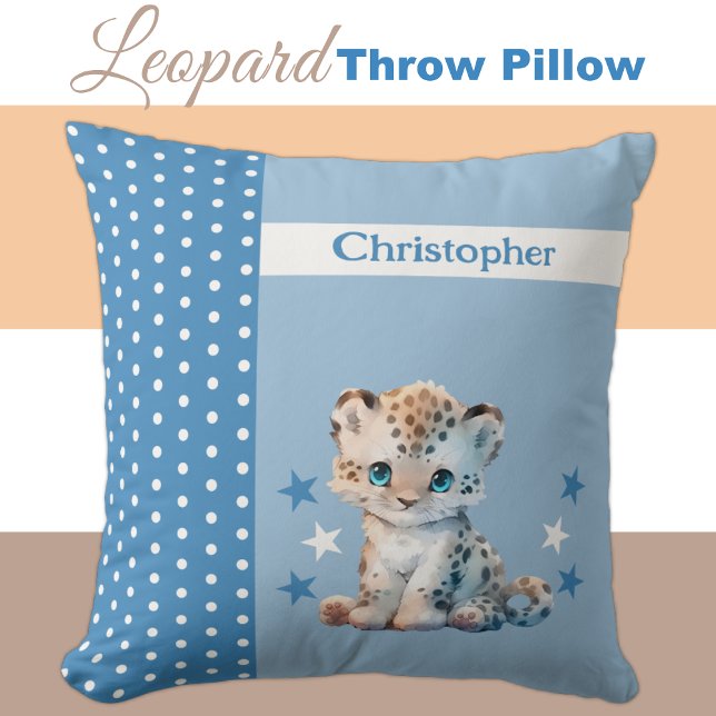 Kid's room add name cute leopard blue throw pillow (Creator Uploaded)
