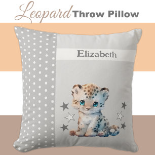 Kid's room add name cute leopard grey throw pillow