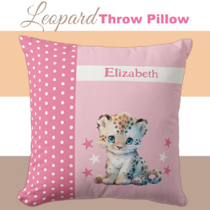 Kid's room add name cute leopard pink throw pillow
